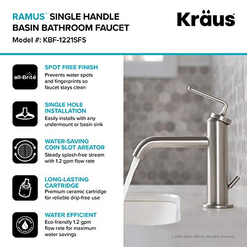 KRAUS Ramus Single Handle Vessel Sink Bathroom Faucet with Pop-Up Drain in Brushed Gold, KVF-1220BG