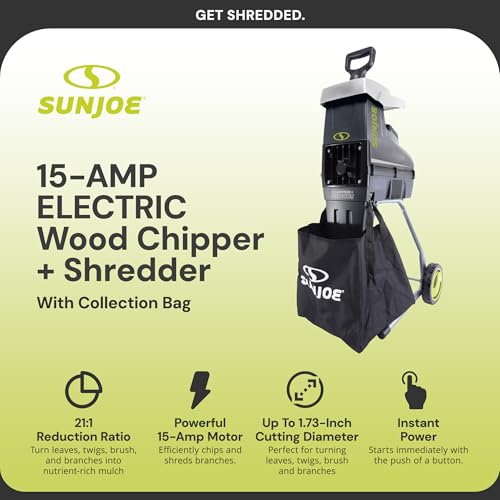 Sun Joe Wood Chipper Shredder, 15-Amp Corded Electric Yard Waste Shredding Machine with Collection Bag, 1.7 Inch Cutting Diameter, Black, CJ603E