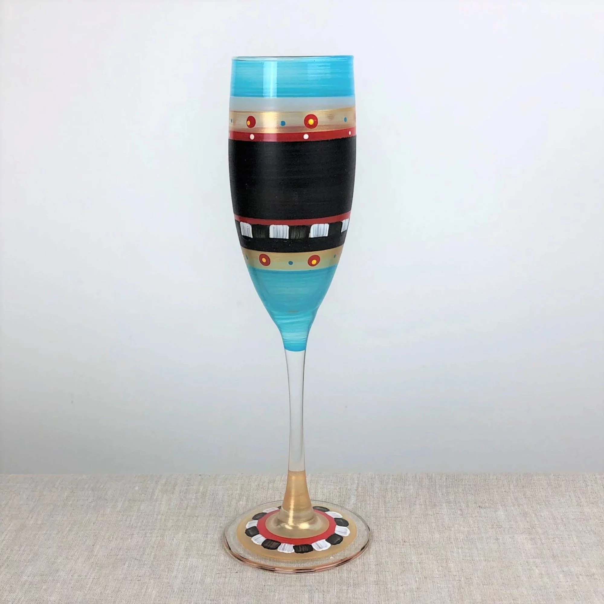 Crafted Creations Set of 2 Black and Blue Mosaic Chalkboard Hand Painted Champagne Flute Glasses 7