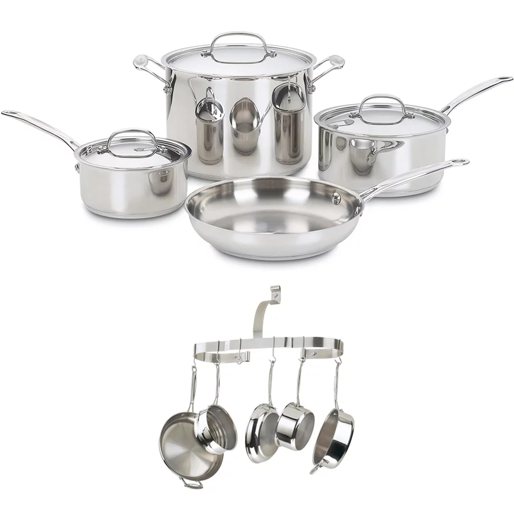 Cuisinart 77-7P1 Chef's Classic 7-Piece Cookware Pot and Pan Set Stainless Steel Bundle with Cuisinart Wall Mounted Oval Cookware Rack Stainless Steel