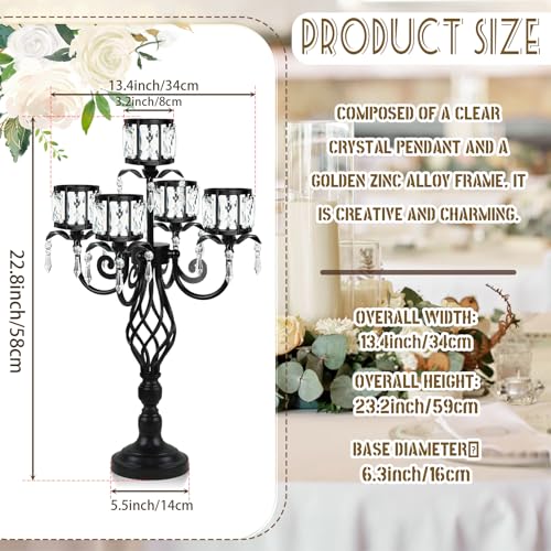 23.2 inch Tall Elegant and Chic Black 5 Arm Pendant Crystal Candlestick Holder Table Decoration tealight Candle Holder, Candelabra for Gorgeous Wedding/Parties Table Centerpiece (2, Black)