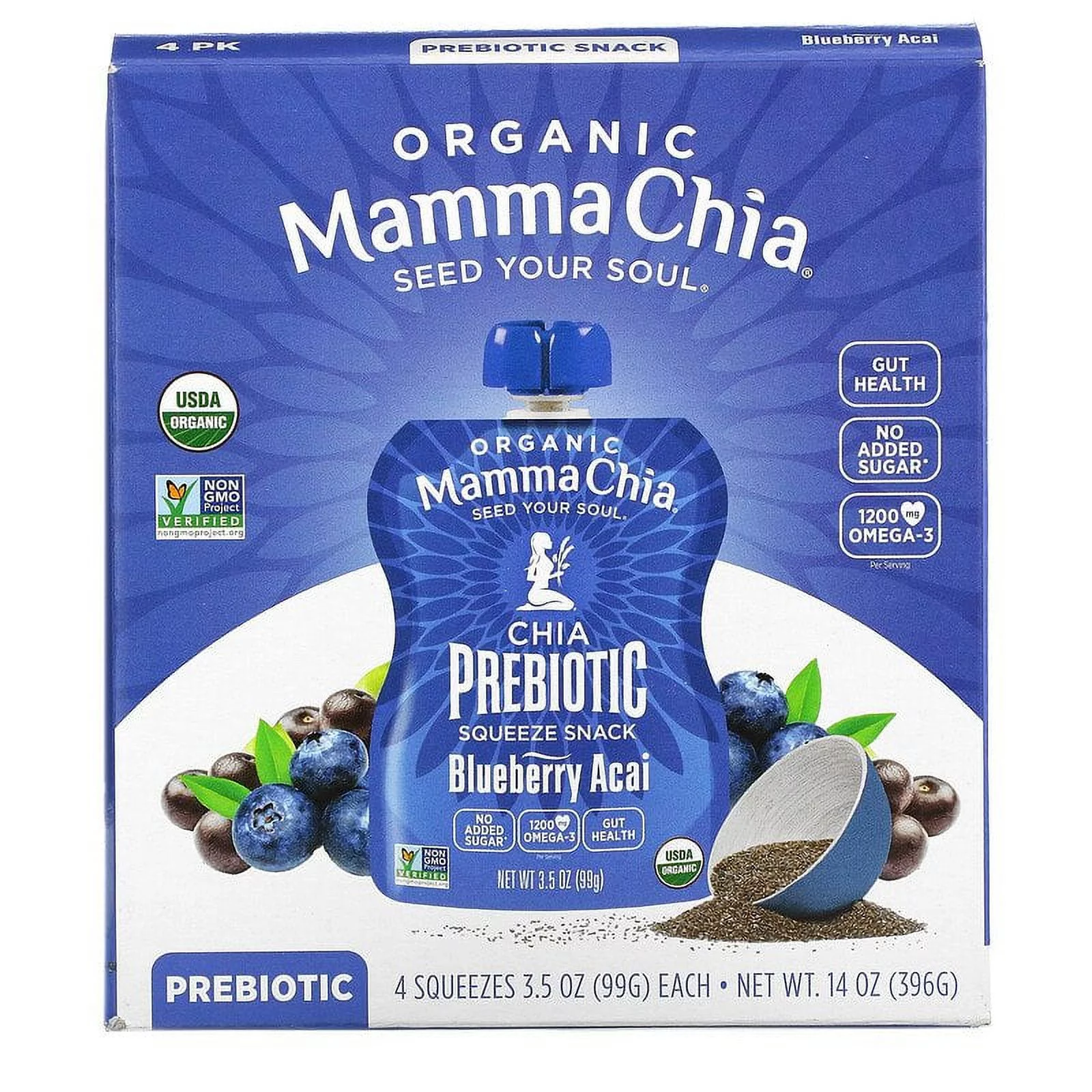 Mamma Chia, Organic Chia Prebiotic Squeeze, Blueberry Acai, 4 Squeezes, 3.5 oz Pack of 2