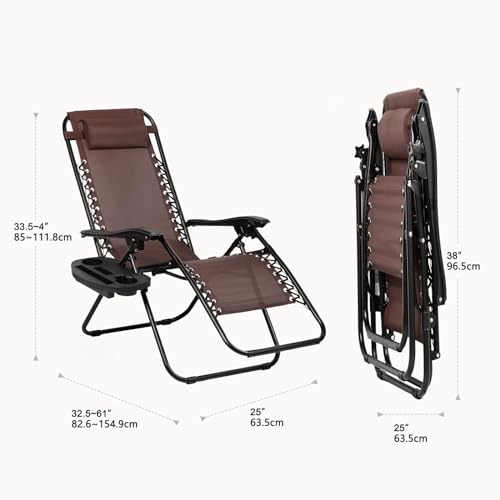 Nazhura Set of 2 Relaxing Recliners Patio Chairs Adjustable Steel Mesh Zero Gravity Lounge Chair Beach Chairs with Pillow and Cup Holder (Dark Green)