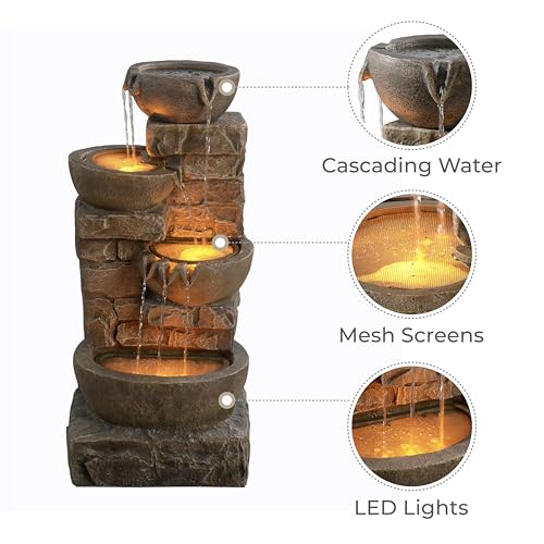 Teamson Home 33.25 in. Cascading Bowls and Stacked Stones LED Outdoor Water Fountain for Gardens, Landscaping, Patios, Balconies, and Lawns for a Calming Oasis in Outdoor Living Spaces, Stone Gray