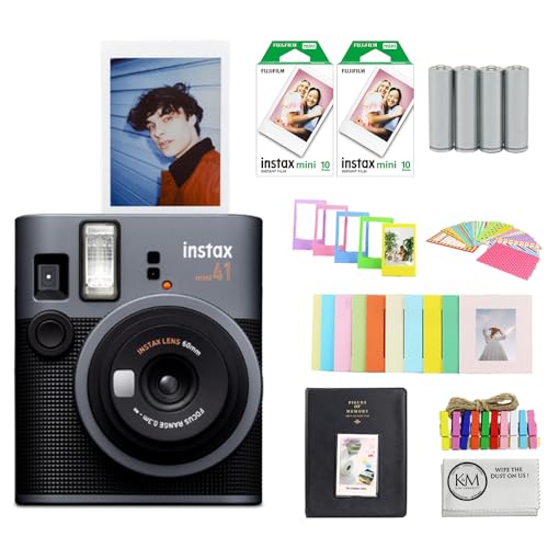 FUJIFILM INSTAX Mini 41 Instant Camera Bundle with Instax Mini Film | 20 Exposures + 4 Pack AA Batteries + Album, Borders, Stickers & Clips + Cleaning Cloth (5 Items)