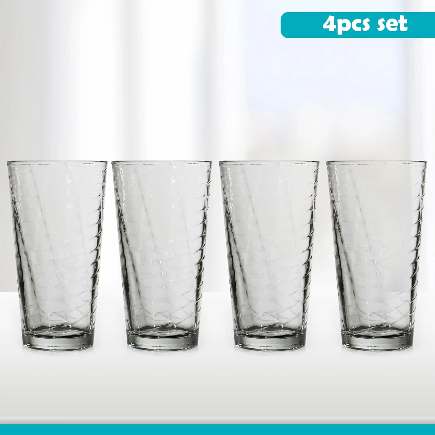 Drinking Glasses Set Of 4 Glass Cups, 14 Oz. Ladder Cooler Glassware, Ideal For Water, Juice, Cocktails, Iced Tea And More. Dishwasher Safe.