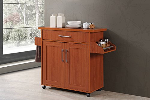 Hodedah Rolling Wood Kitchen Island Cart with Spice Rack, Towel Rack, Utensil Drawer plus Cabinet, White with Beech Top