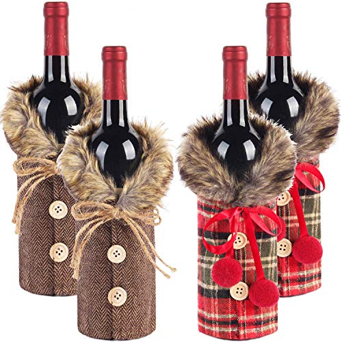 Tanlee 4 Pieces Christmas Sweater Plaid Wine Bottle Covers With Faux Fur Collar And Button Coat Design For Xmas Party Decorations