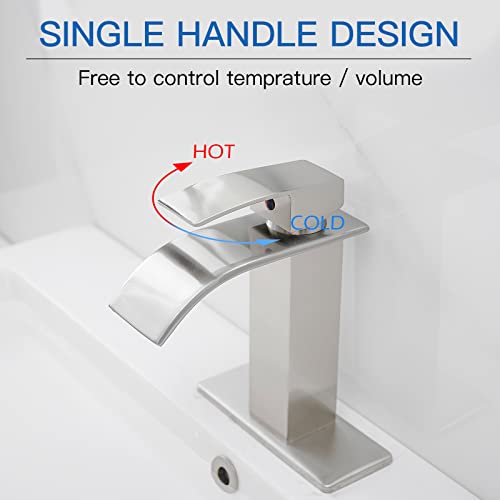 BWE Vessel Sink Faucet Modern Waterfall Chrome Single Hole Bathroom Faucet Single Handle with Pop up Drain Without Overflow Assembly Vanity Basin Bath Sink Faucets Mixer Tap