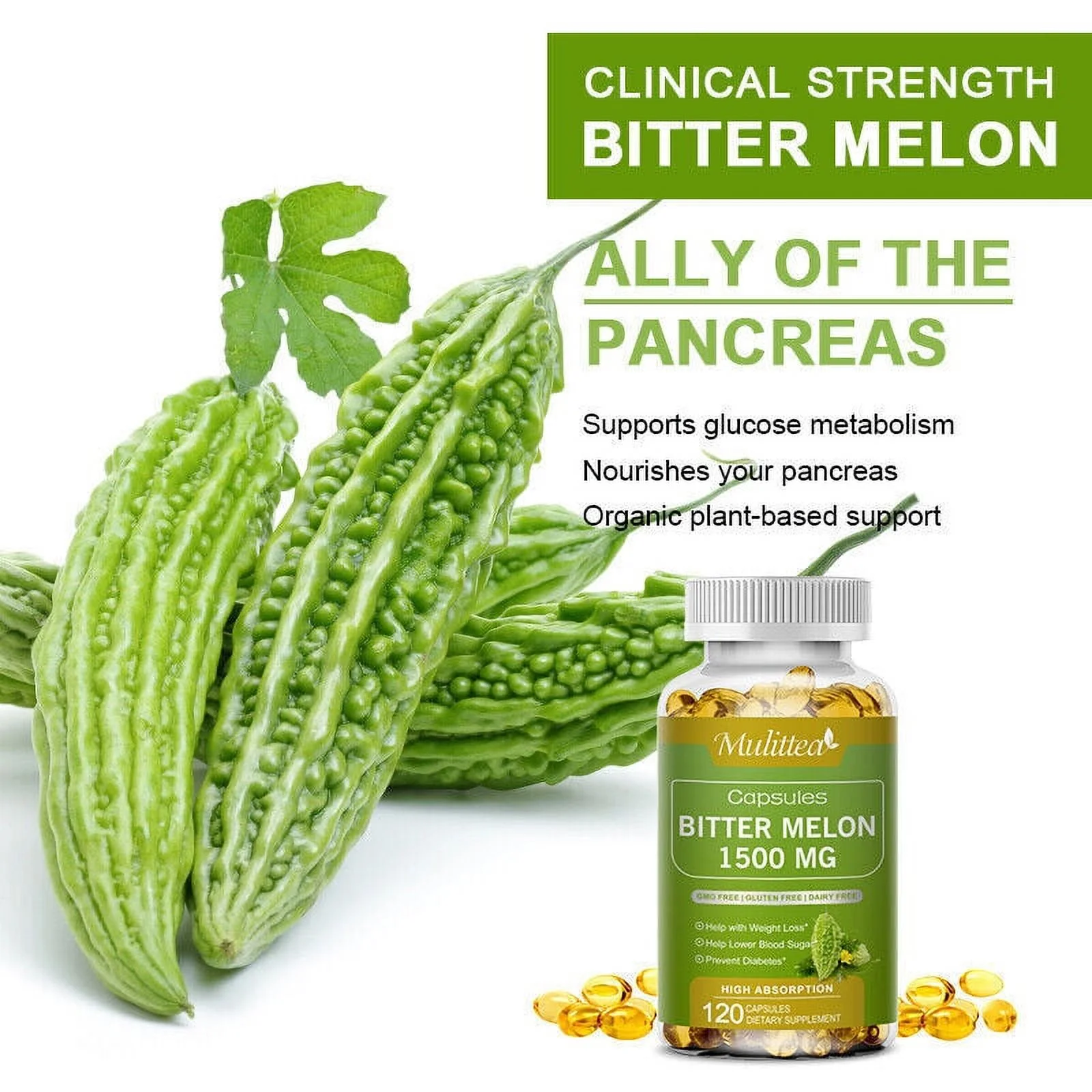Organic Bitter Melon Extract Capsules Blood Sugar Support 1500mg 120 Pills
