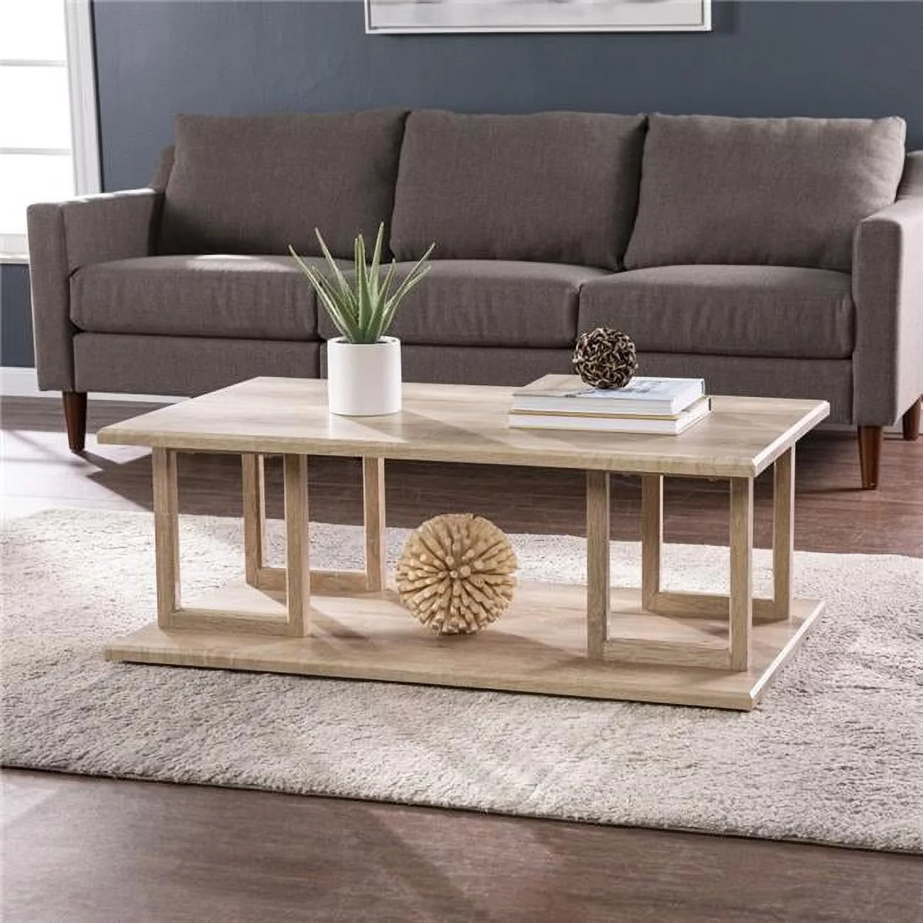 HomeRoots 402171 42 in. Wood Two Tier Rectangular Coffee Table, Natural Light Brown