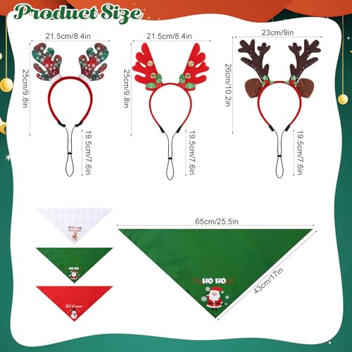 6 Pcs Christmas Reindeer Dog Headband Dog Bandana Xmas Antlers Headwear Triangle Scarf Bib Holiday Christmas Pet Costume for Dogs Cats Pets Decor