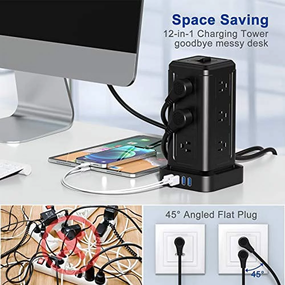 Power Strip Tower, Surge Protector Power Strip with 12 AC Outlets, 4 USB Ports and 10ft Extension Cord, Charging Station 1080J Overload Protection Fire Proof for PC Tablet Computer Home Office