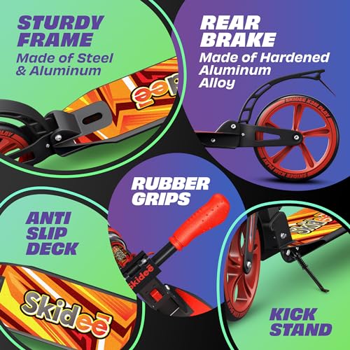 Skidee Adult & Teen Scooter Adjustable Height, Folding, Large Wheels, Lightweight, Durable, Anti-Shock Suspension, Up to 220 lbs