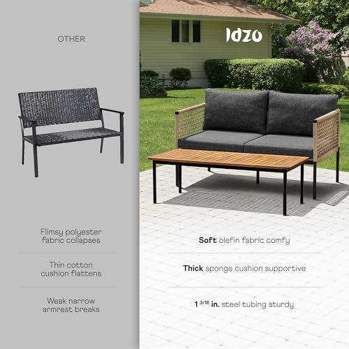 IDZO Heavy Duty 500lbs Weight Capacity Wicker Bistro Table and Chairs Set of 2 with Olefin Fabric Soft Cushions
