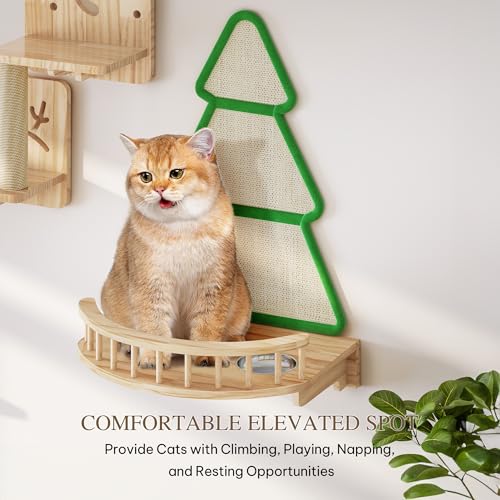 Cat Wall Shelves and Perches, Solid Wood Wall Mounted Cat Furniture, Set of 13 Cat Climbing Shelves with Moon Hammock, House, Wall Ladder, Scratching Post and Cat Tunnel