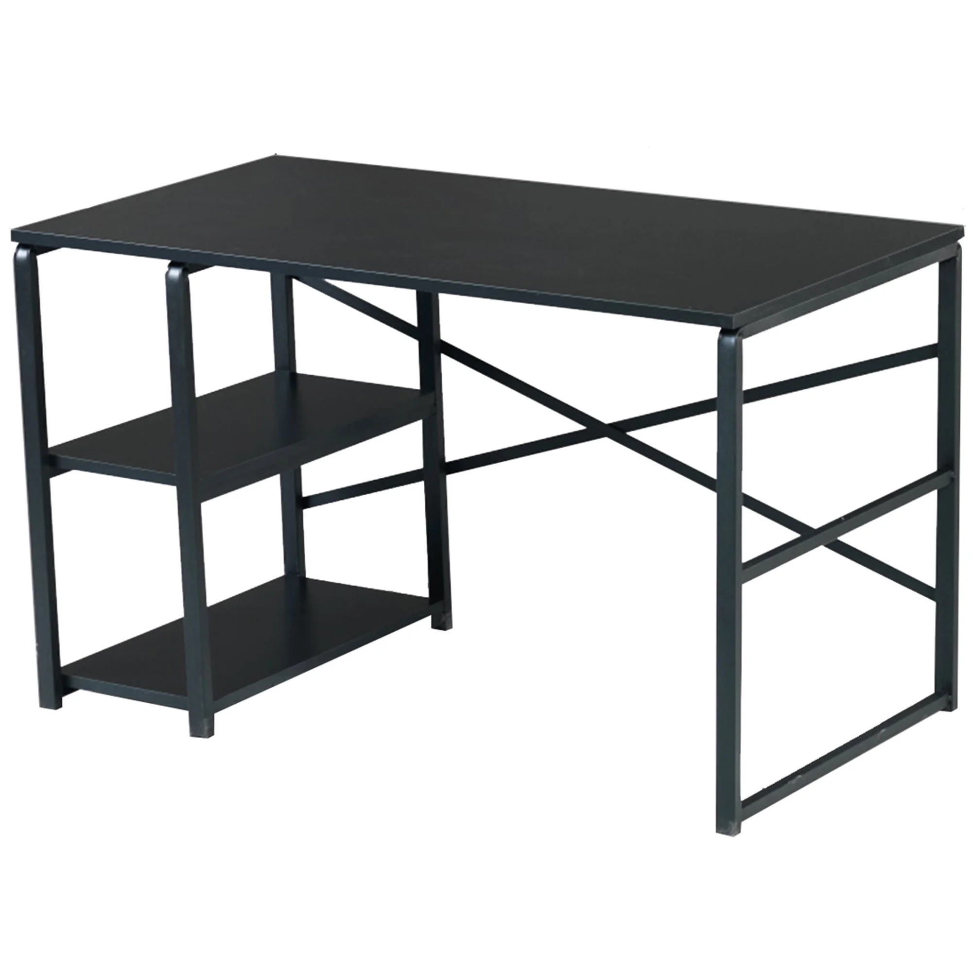 Minimalist and Spacious Computer Desk with 2 Shelves and Black Metal Frame for Home, Office, Black