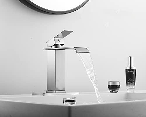 White Gold Faucet Bathroom Vessel Sink Golden Waterfall Spout Faucet Single Handle Bowl Sink Faucet Modern Single Hole Basin Vanity Tall Bathroom Sink Faucet with Pop Up Drain Stopper Supply Hose