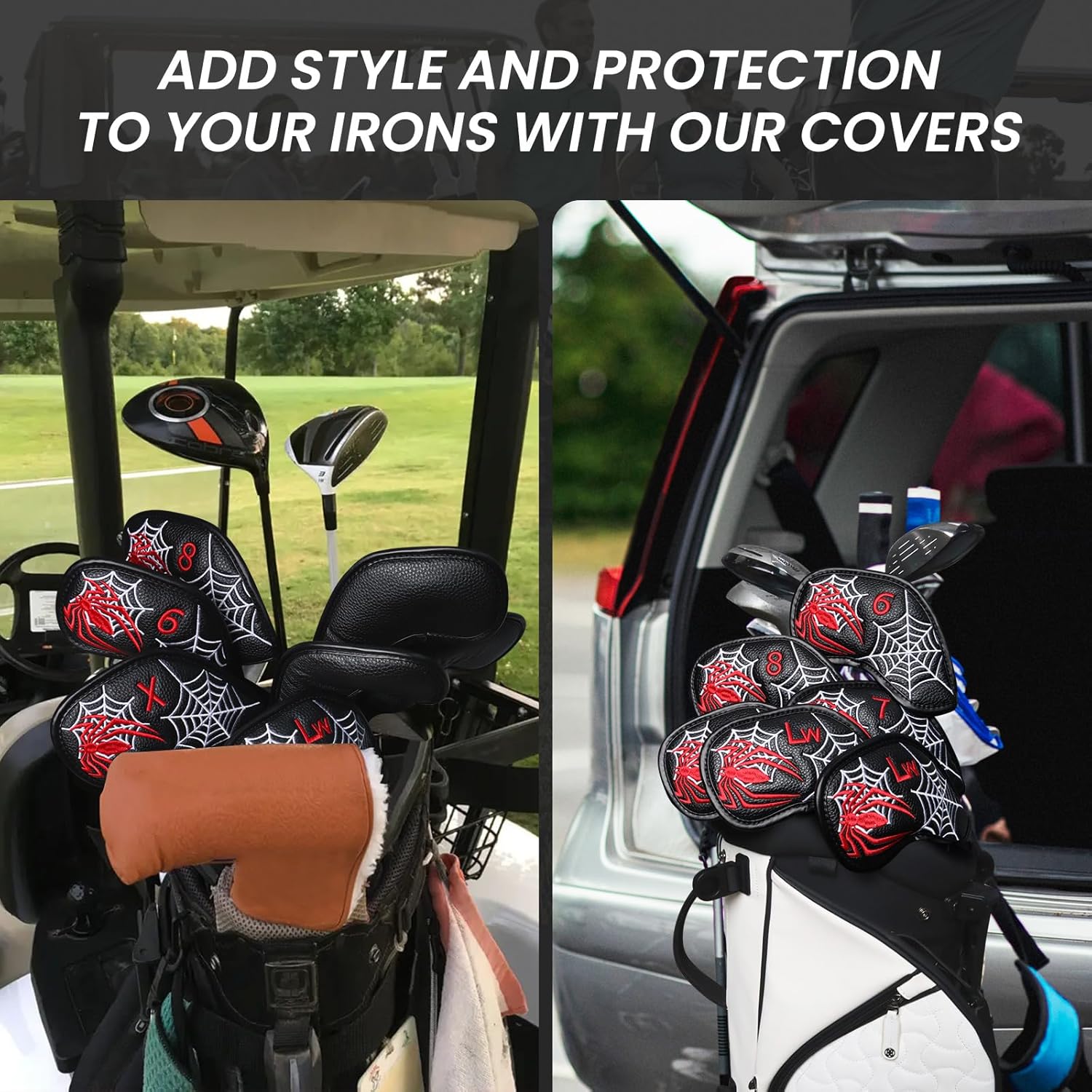 FINGER TEN Golf Iron Head Covers Value 8/11/12 Piece Set, Synthetic Leather Deluxe Club Headcover, Universal Fit Main Iron Clubs Gift Set (1 Side-Black Spider)