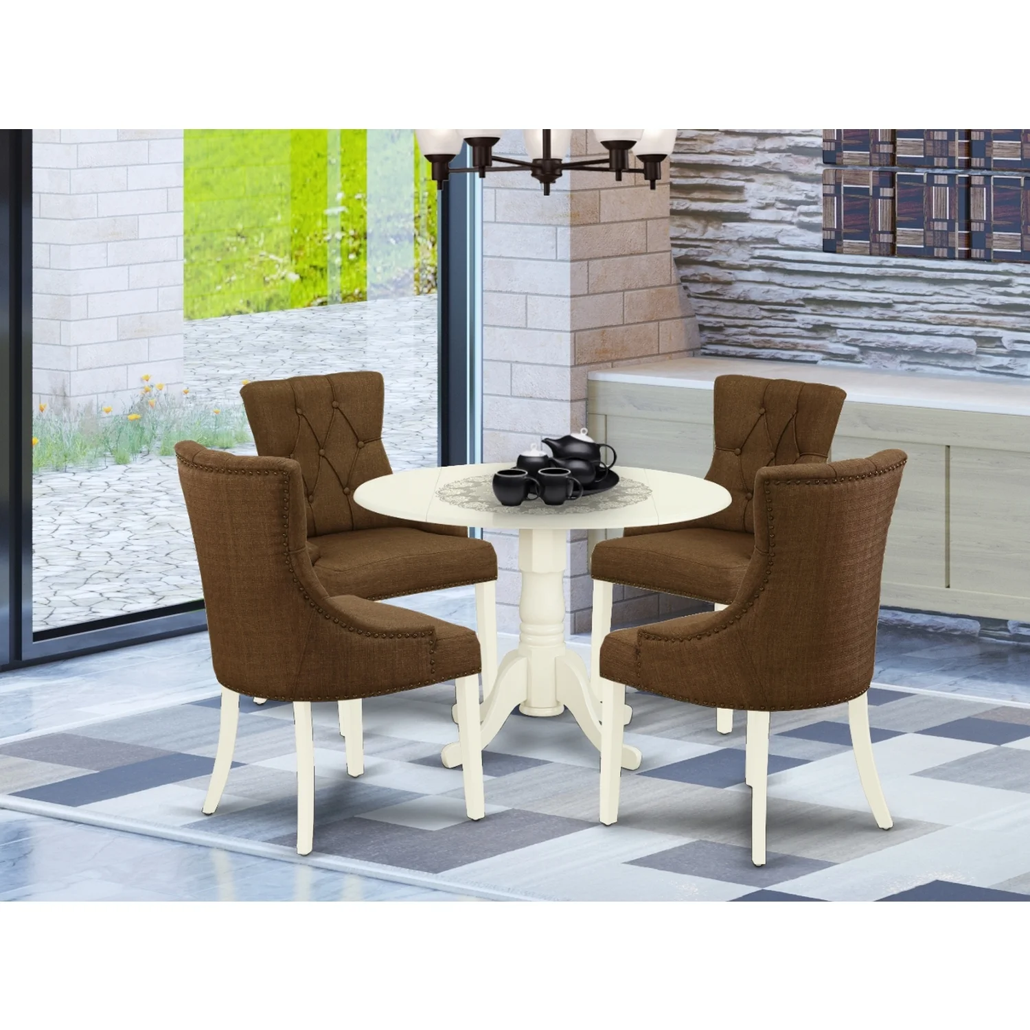 HomeStock  Zen Zone 5Pc Dining Set Includes A Small Round Dinette Table With Drop Leaves And Four Parson Chairs With Dark Coffee Fabric, White Finish