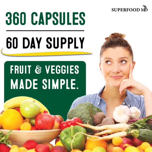 Superfood Fruit and Veggie Supplement - 360 Whole Super Fruit and Vegetable Supplements & Vitamin, Natural Energy Levels, with Olive Leaf Soy Free- 180 Count (Pack of 2)
