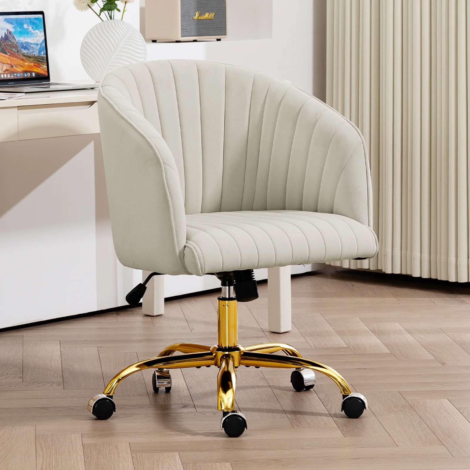 WangSiDun Modern Swivel Office Chair, Velvet Adjust Desk Armchair with Wheels for Bedroom Living Room, Ivory