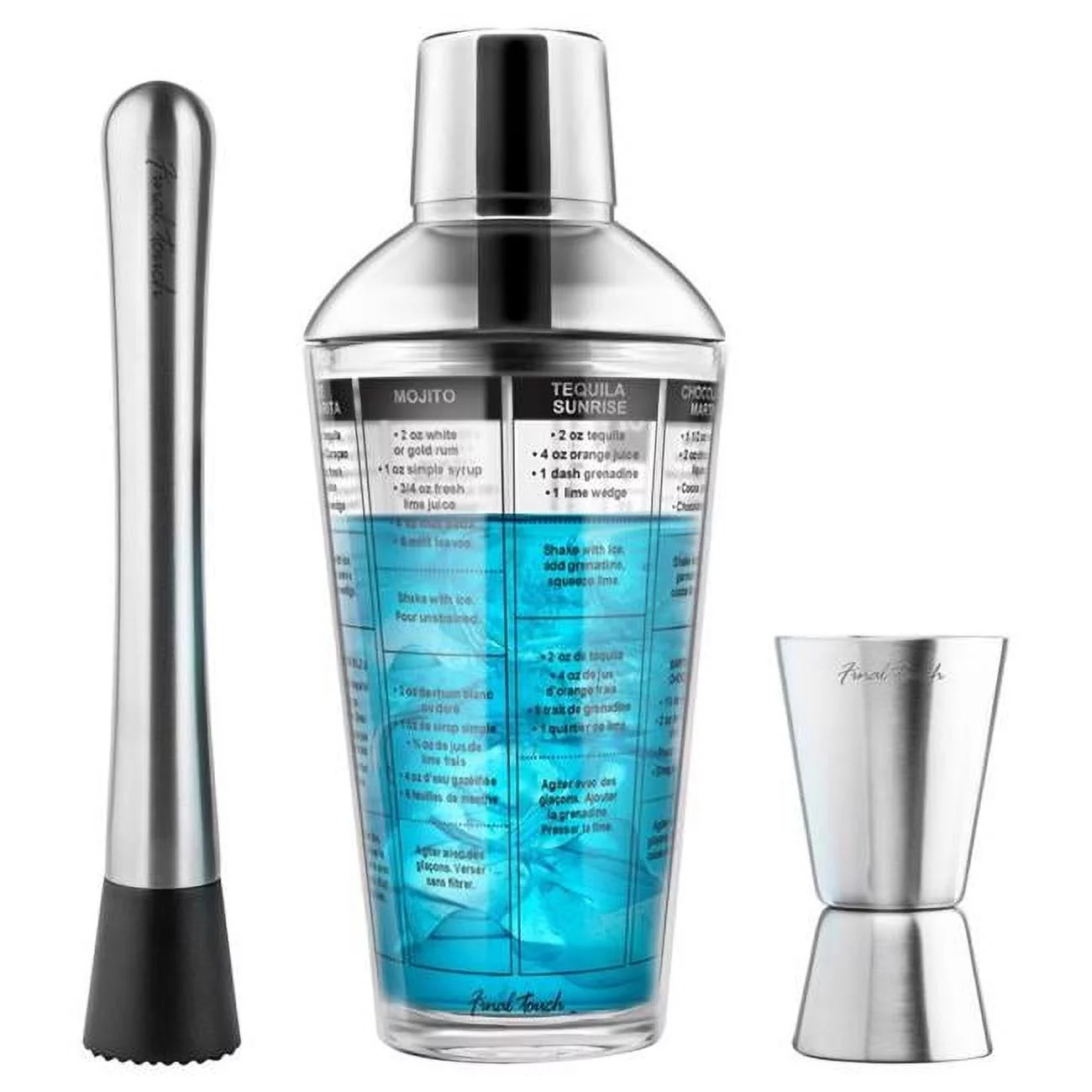 Final Touch 6058153 16 oz Glass & Stainless Steel Bar Tool Set, Multi Color