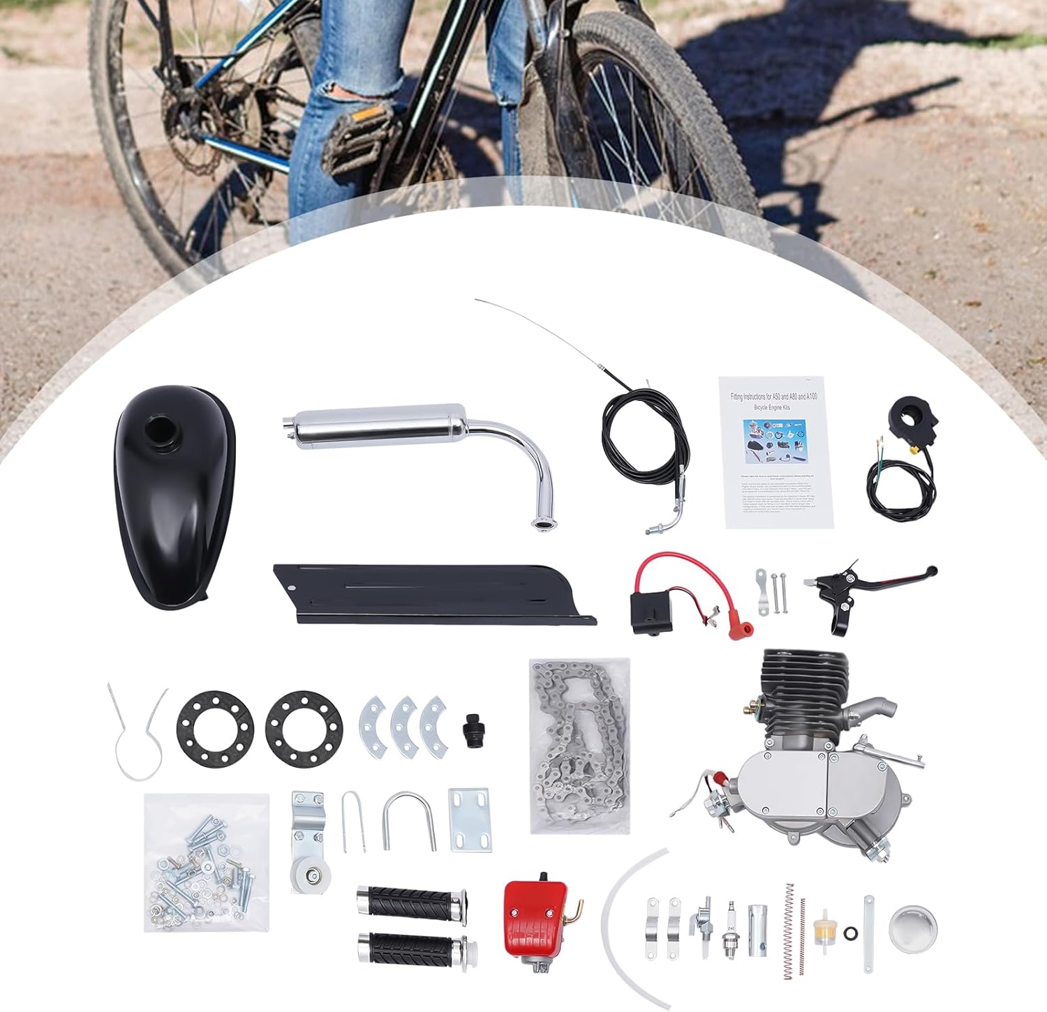 100CC Bicycle Engine Kit,100CC Bicycle Motorized 2-Stroke Gas Petrol Bike Engine Motor Kit for 26