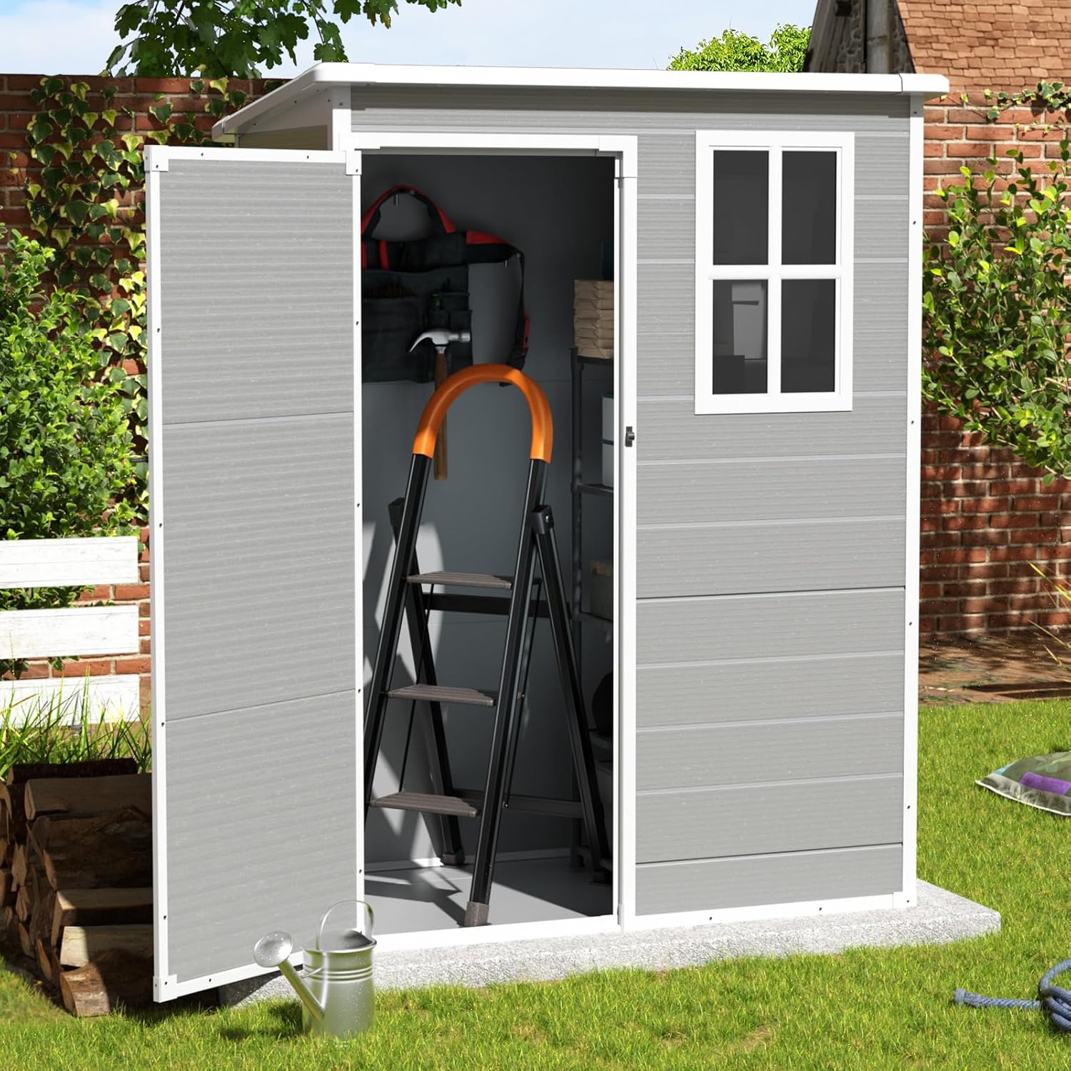 Outdoor Storage Shed, 5x3FT Resin Storage Sheds Outdoor with Floor, Lockable Door & Window, Waterproof Tool Sheds & Outdoor Storage for Bike, Garbage Cans,Garden Accessories, Grey & White