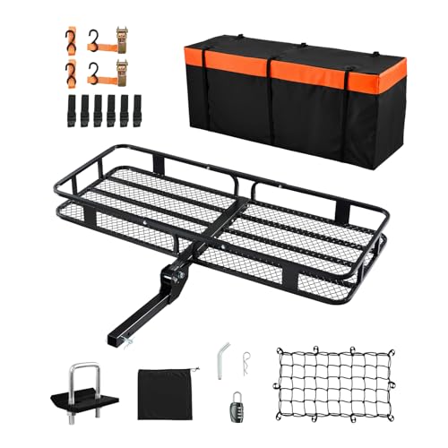 VEVOR 60x24x6 Folding Hitch Carrier - 500lb Capacity Cargo Basket & Waterproof Bag, Fits 2