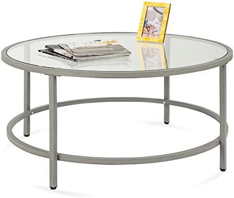 RUNFAYBIU 36in Modern Round Tempered Glass Accent Side Coffee Table for Living Room  Dining Room  Tea   w/Metal Frame  Non-Marring Foot Caps - Gray