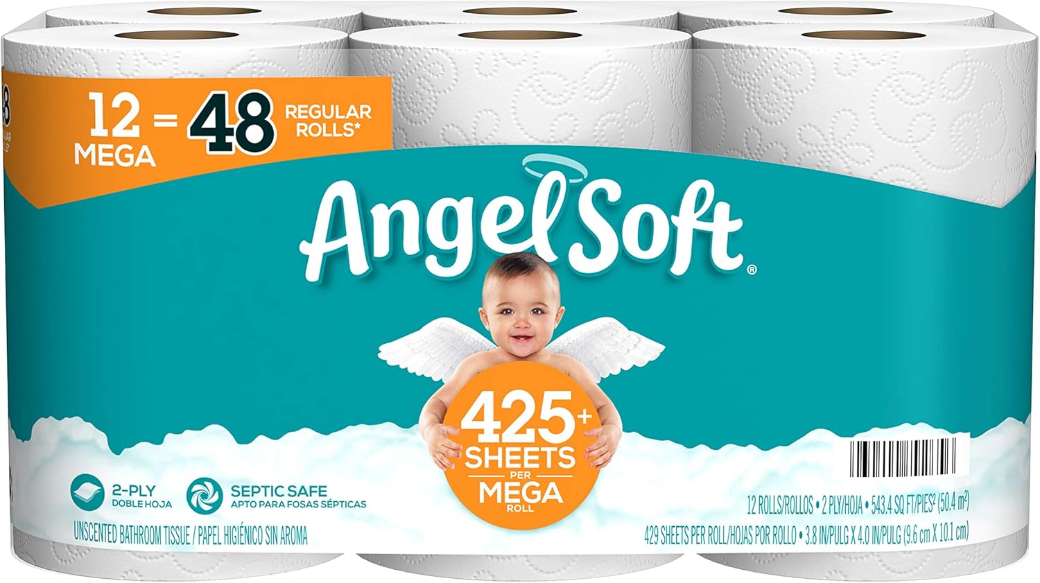 Angel Soft Toilet Paper, 12 Mega Rolls = 48 Regular Rolls, 425+ 2-Ply Sheets Per Roll