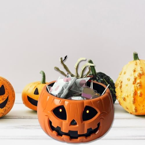Halloween Skull Bowl, Animated Pumpkin Candy Holder, Halloween Pumpkin Candy Bowl Dish with Lighted Red Eyes and Moving Skeleton Hand for Halloween Decoration