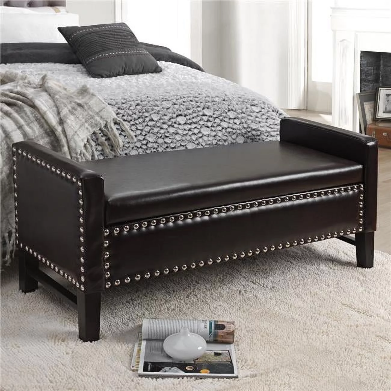 Posh Living Genesis Faux Leather Storage Bench with Nailhead Trim in Espresso