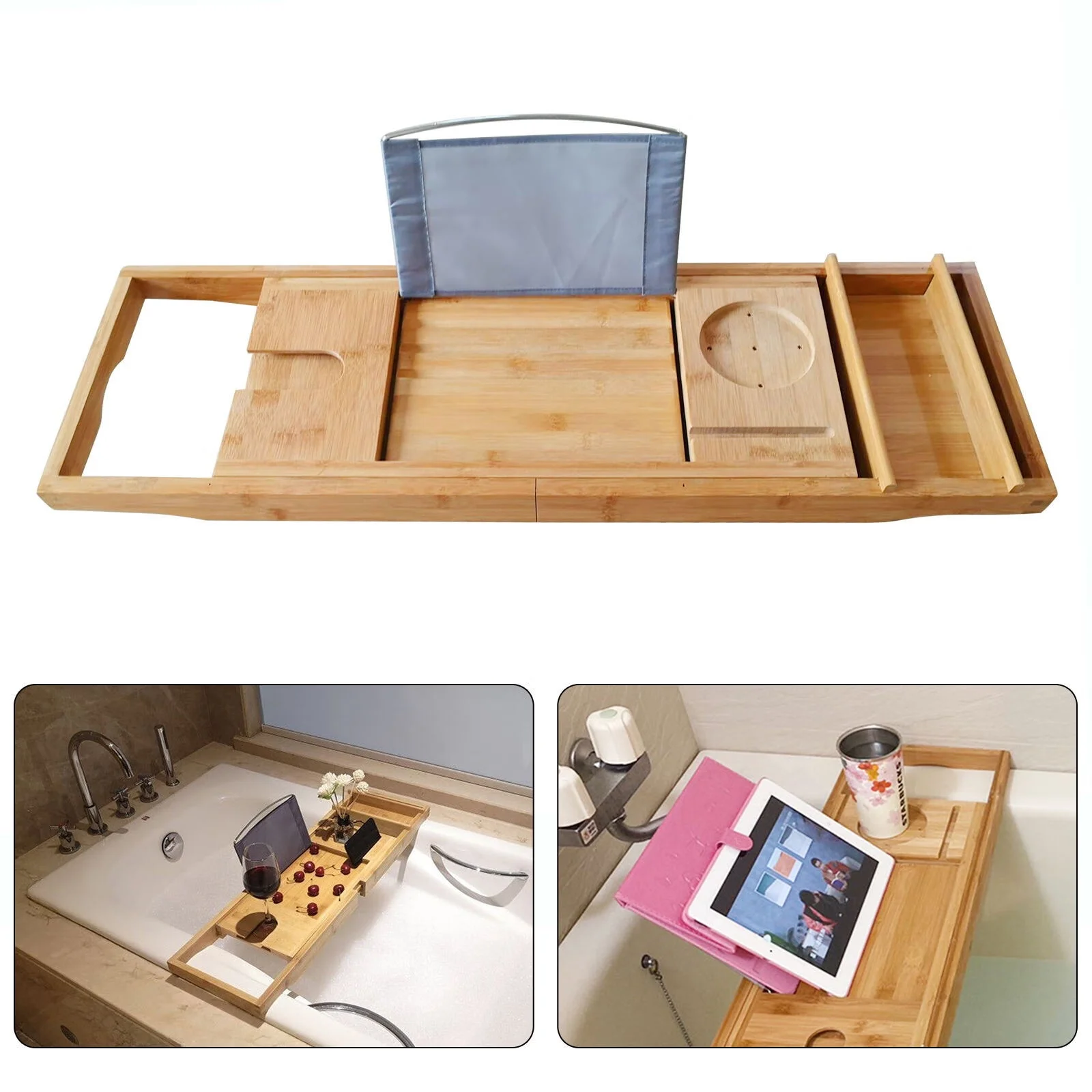 Wuzstar Bathtub Caddy Tray Expandable Bamboo Bath Tray Table with Wine Glass Holder, Book Stand and Phone Slot