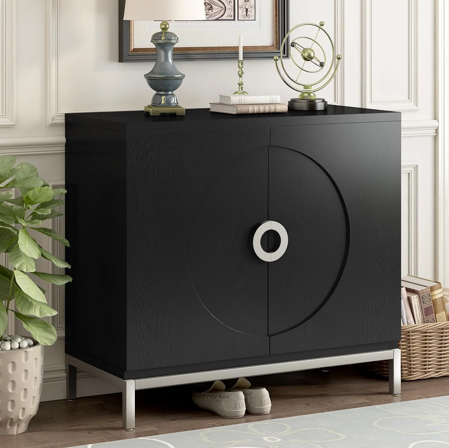 Storage Cabinet, Simple Sideboard Storage Cabinet With Solid Wood Veneer, Accent Cabinet With Metal Leg Frame For Living Room, Entryway, Dining Room, Black