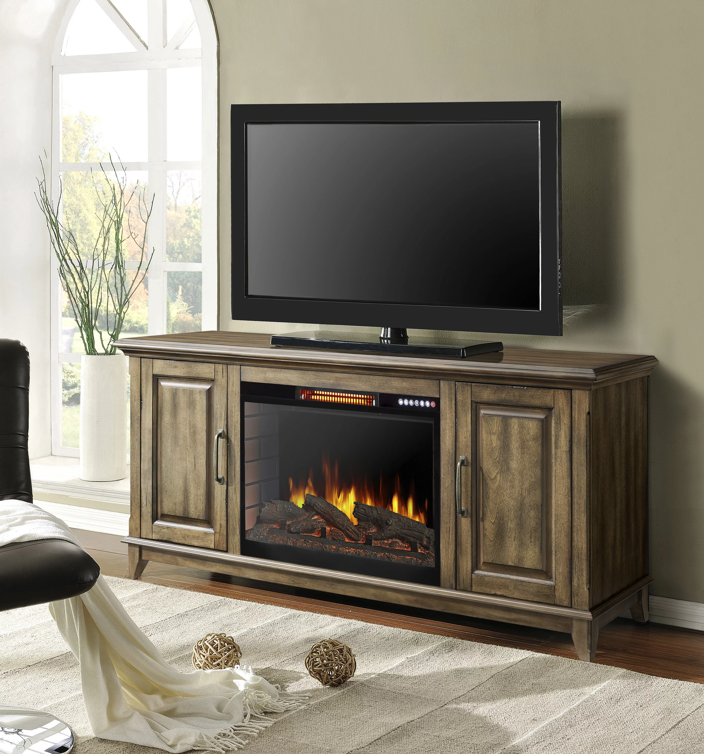 Muskoka Harlow Freestanding 60 in. Electric Fireplace Bluetooth Antique Pine