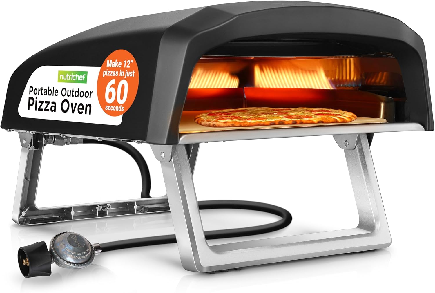 NutriChef Portable Outdoor Gas Pizza Oven - Includes Foldable Feet, Adjustable Heat Control Dial, Burner, Stone & Regulator Hose - Cooks 12