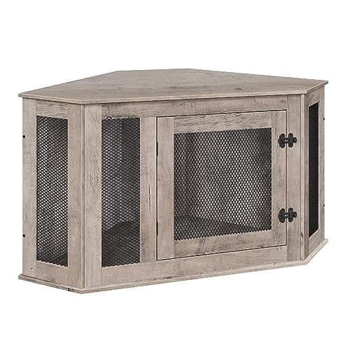 Corner Dog Crate Furniture, Wooden Dog Kennel End Table, Decorative Pet Crate Indoor Use, Furniture Style Dog House for Small Medium Dog, Dog Cage TV Stand, Greige and Black DCHG0801