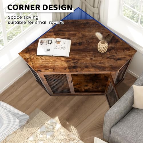VITESSE Corner Dog Crate Furniture, 44/52inch Durable Wooden Dog Kennel End Table, Indoor Decorative Puppy Kennel with Metal Mesh, Heavy-Duty Pet House for Large Dogs with Portable Switch, TV Stand
