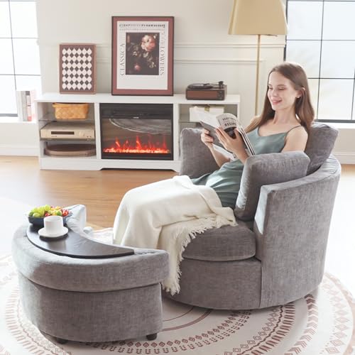 Chair and A Half with Ottoman, 360° Swivel Accent Barrel Chair Modern Comfy Round Reading Sofa Swivel Chairs Circle Lounge Chair for Bedroom Living Room w/4 Pillow Lower Seating Heigh (White, Large)