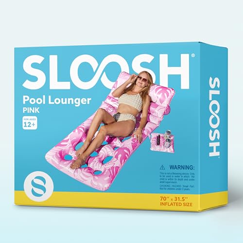 SLOOSH Adjustable Backrest Pool Floats - Tropical Leaves Pool Lounger Floaties Adults with Cup Holders, Inflatable Tanning Float Rafts Chair Beach Lake Lounge Floating Above Water Keep Cool (Blue)