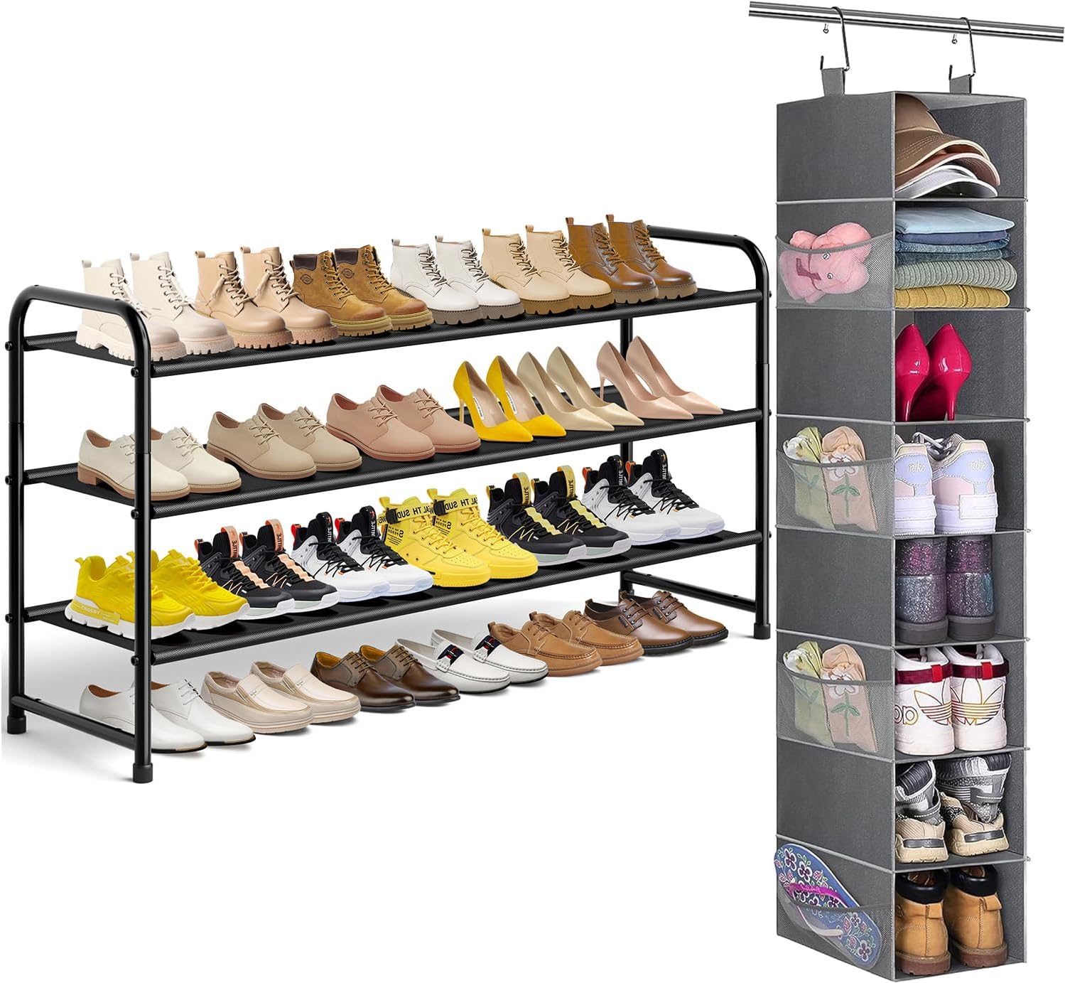 MISSLO 3-Tier Long Shoe Rack for Closet & 8-Shelf Hanging Shoe Organizer