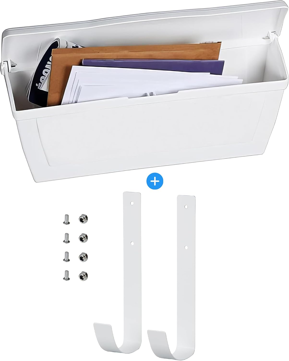 Small Plastic Mailbox with Newspaper Hook Kit for Outside Porch, Easy to Install Wall Mount, Lightweight, Heavy Duty, Rustproof, Maintenance-Free Horizontal Mail Box for House - Made in Canada (White)
