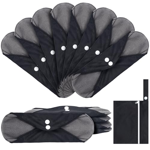 8 Pack Reusable Menstrual Pads Bulk Washable Sanitary Pads Cloth Menstrual Period Pads Panty Liners Incontinence Pads Sanitary Napkins with Wet Bag for Women Teen(Black Style)