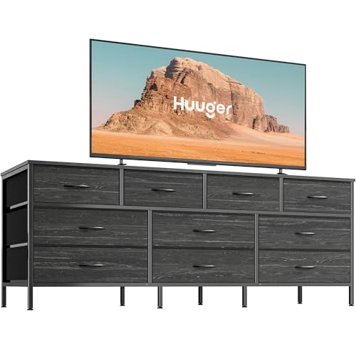 Huuger 63 Inch Dresser for Bedroom, Long Dresser with 10 Fabric Drawers, TV Stand for 55, 65, 70 Inch TV, Toy Storage Organizer for Closet, Rustic Brown