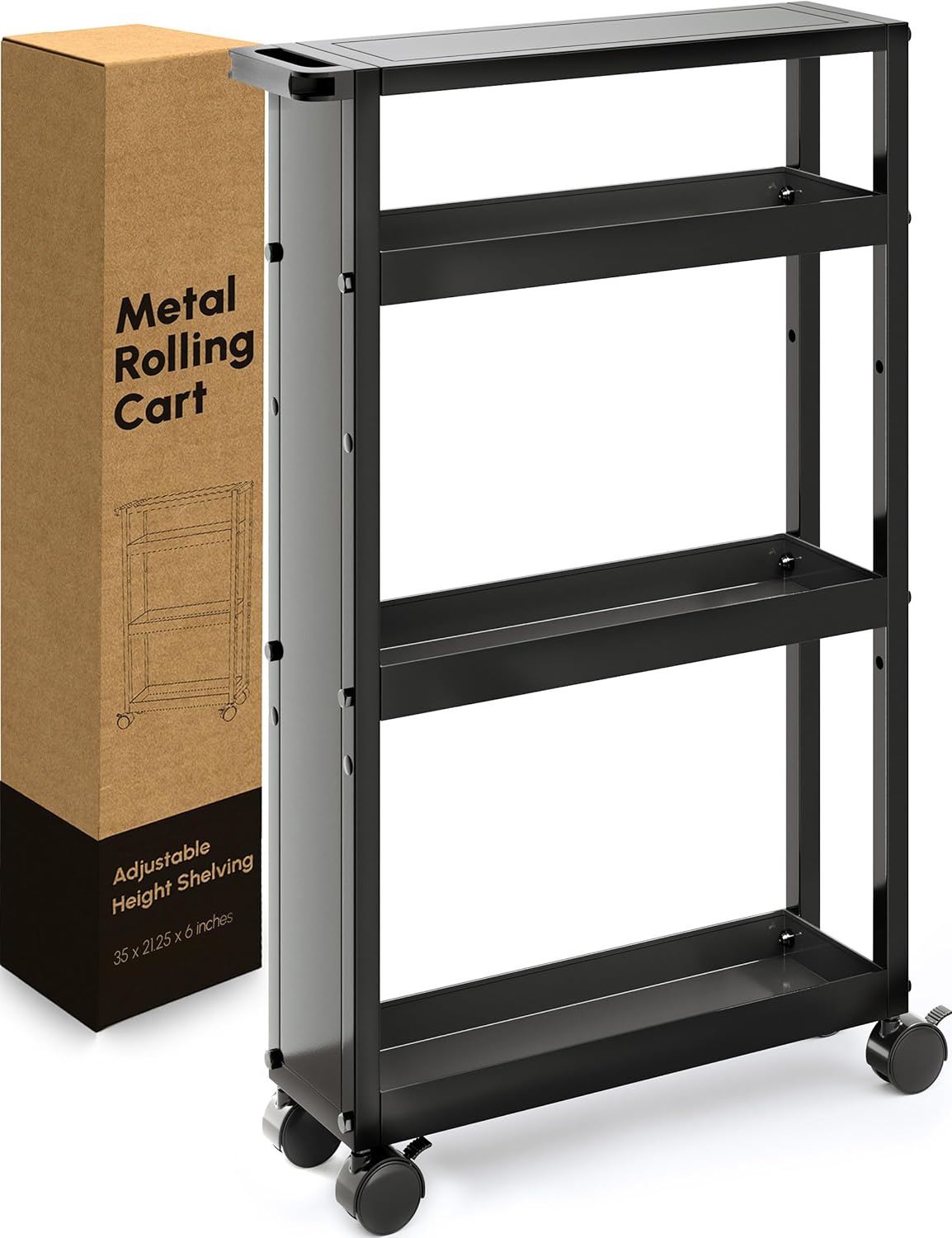 Slim Rolling Storage Cart with Wheels & Adjustable Shelving - Durable Metal Space-Saving 4 Tier Rolling Cart Ideal for Kitchen - Narrow Bar Cart, Spice Rack, Utility Cart, Coffee Cart Kitchen BLACK