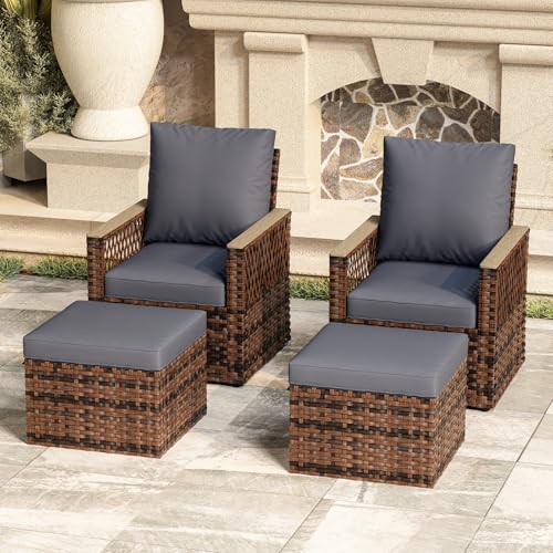 MELLCOM 4 Pieces Patio Furniture Set, Outdoor Wicker Chairs with Ottomans, All-Weather Patio Bistro Set with Water-Resistant Cushions and High Back for Garden, Backyard