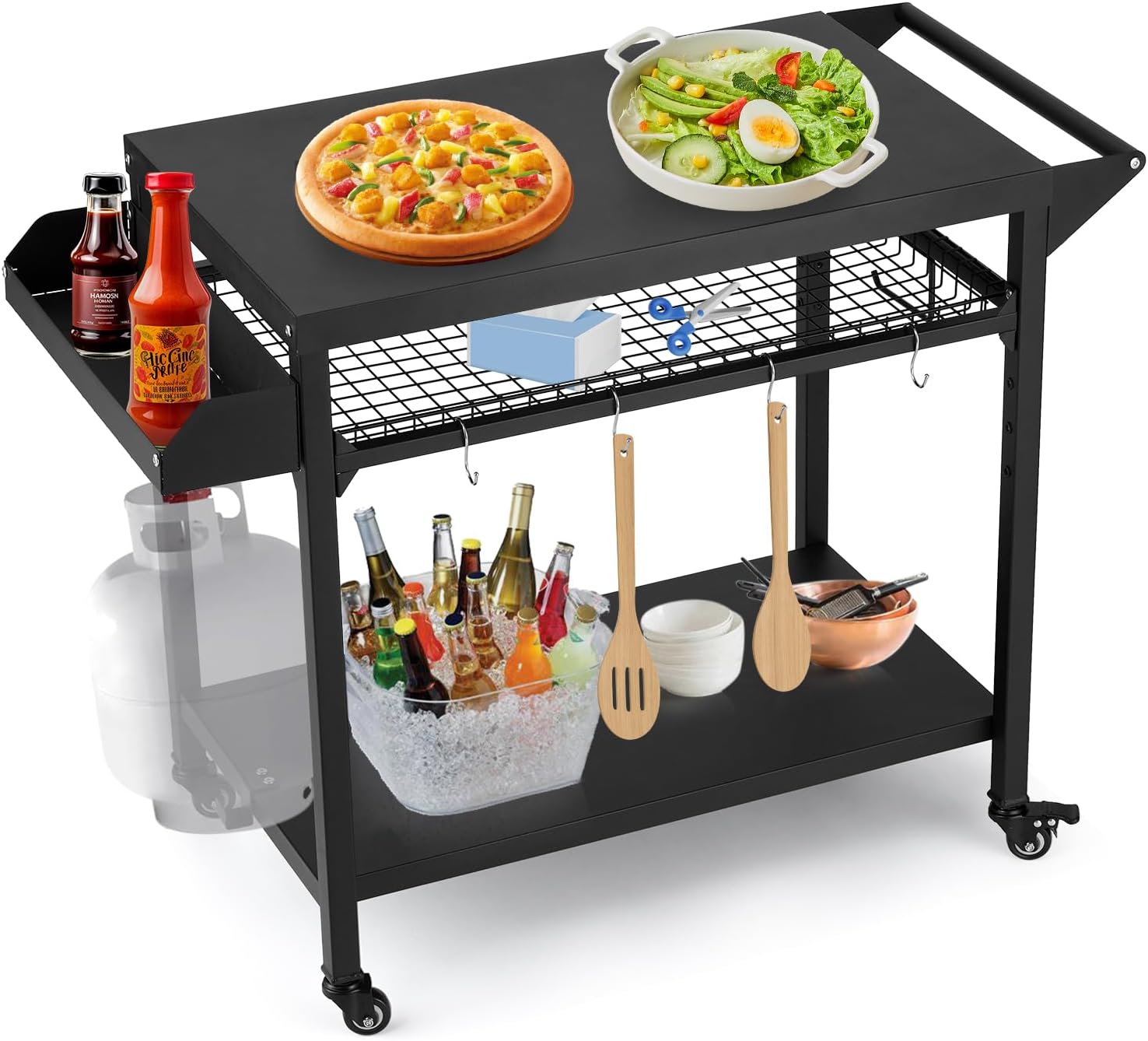 Outdoor Grill Cart, Pizza Oven Stand Table with Mesh Racks Dining Cart Table for Outside Patio, Movable Kitchen Cooking Prep Table BBQ Cart with Wheels for Home Party, Bar, Camping, Black