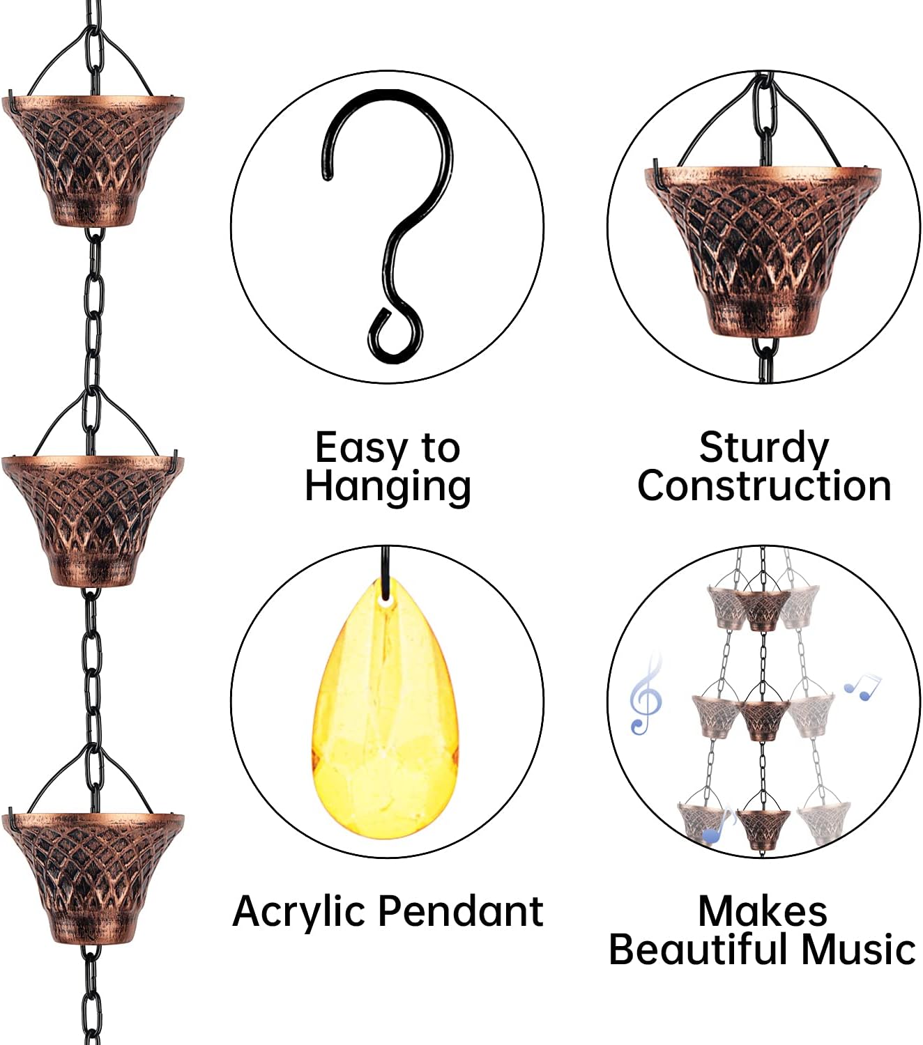 Rain Chains for Downspouts Copper Rain Catcher Substitution Decorative Garden Rainwater Diverter Outdoor Home Decor 8 1/2 Feet Long